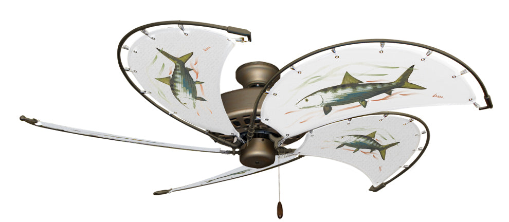 52 inch Nautical Dixie Belle Antique Bronze Ceiling Fan - Bonefish - Game Fish of the Florida Keys Custom Canvas Blades