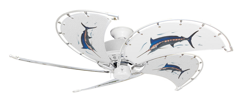 52 inch Nautical Dixie Belle Pure White Ceiling Fan - Marlin - Game Fish of the Florida Keys Custom Canvas Blades