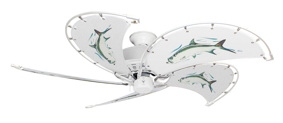 52 inch Nautical Dixie Belle Pure White Ceiling Fan - Tarpon - Game Fish of the Florida Keys Custom Canvas Blades
