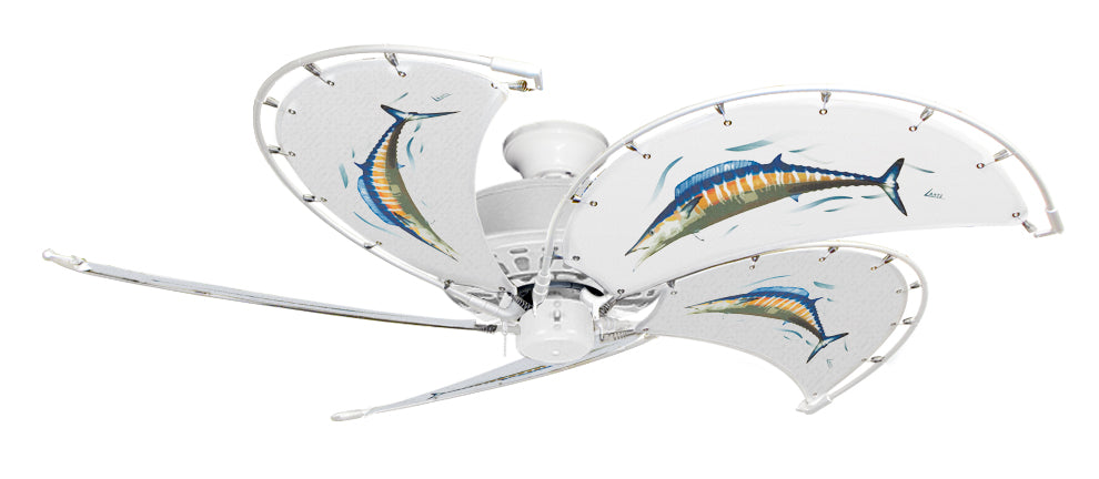 52 inch Nautical Dixie Belle Pure White Ceiling Fan - Wahoo - Game Fish of the Florida Keys Custom Canvas Blades