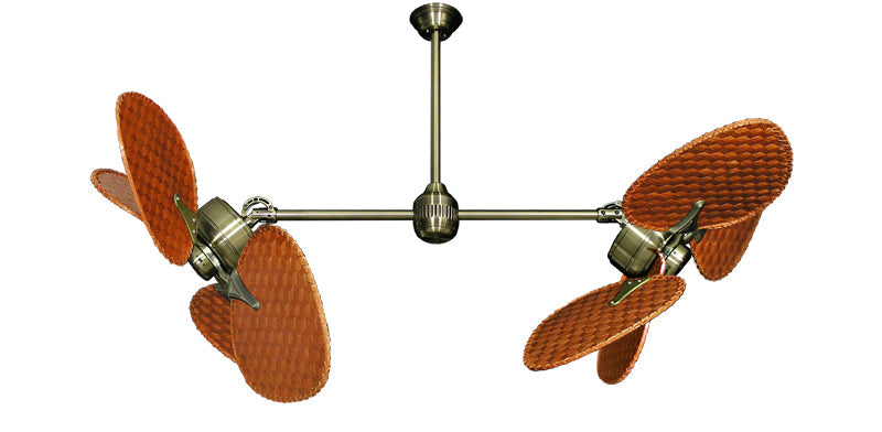 46 inch Twin Star III Double Ceiling Fan - Woven Bamboo Cherry Blades, Antique Brass Motor Finish