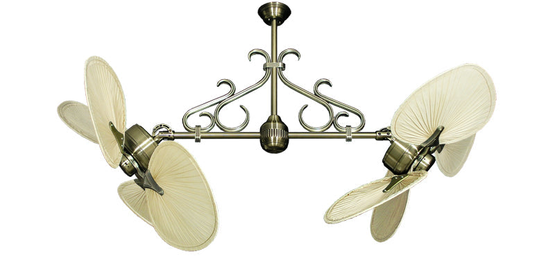46 inch Twin Star III Double Ceiling Fan - Natural Palm Blades, Antique Brass Motor Finish and Decorative Scroll