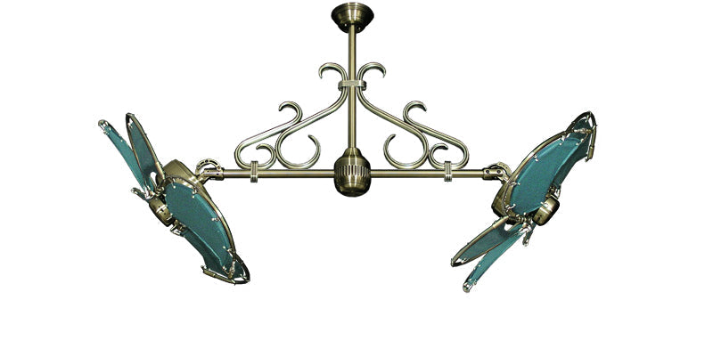 30 inch Twin Star III Double Ceiling Fan -  Nautical Green Blades, Antique Brass Motor Finish and Decorative Scroll