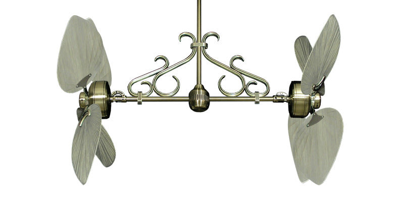50 inch Twin Star III Double Ceiling Fan - Bombay Driftwood Blades, Antique Brass Motor Finish and Decorative Scroll