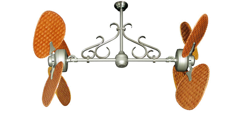 46 inch Twin Star III Double Ceiling Fan - Woven Bamboo Cherry Blades, Brushed Nickel Motor Finish and Decorative Scroll