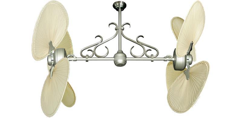 54 inch Twin Star III Double Ceiling Fan with Natural Palm Blades and Antique Brass Motor Finish with Decorative Scroll