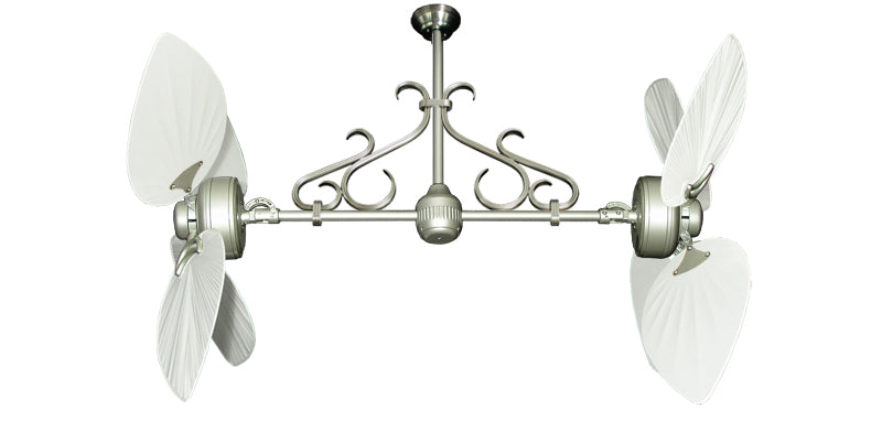 50 inch Twin Star III Double Ceiling Fan - Bombay Pure White Blades, Brushed Nickel Motor Finish and Decorative Scroll
