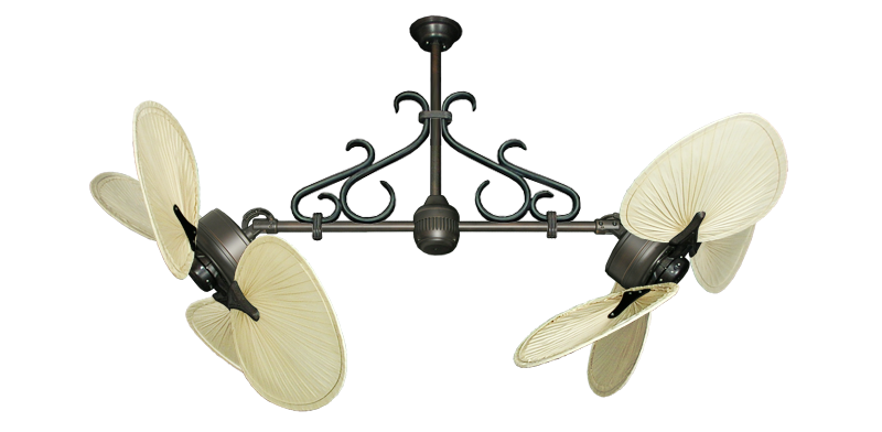 46 inch Twin Star III Double Ceiling Fan - Natural Palm Blades, Oil Rubbed Bronze Motor Finish and Decorative Scroll