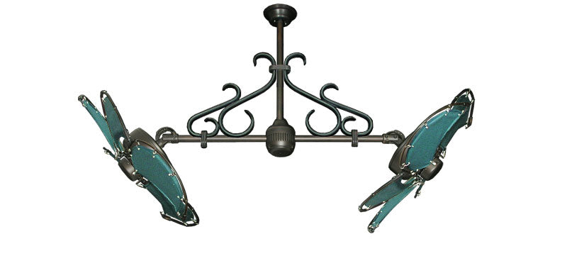30 inch Twin Star III Double Ceiling Fan - Nautical Green Blades, Oil Rubbed Bronze Motor Finish and Decorative Scroll